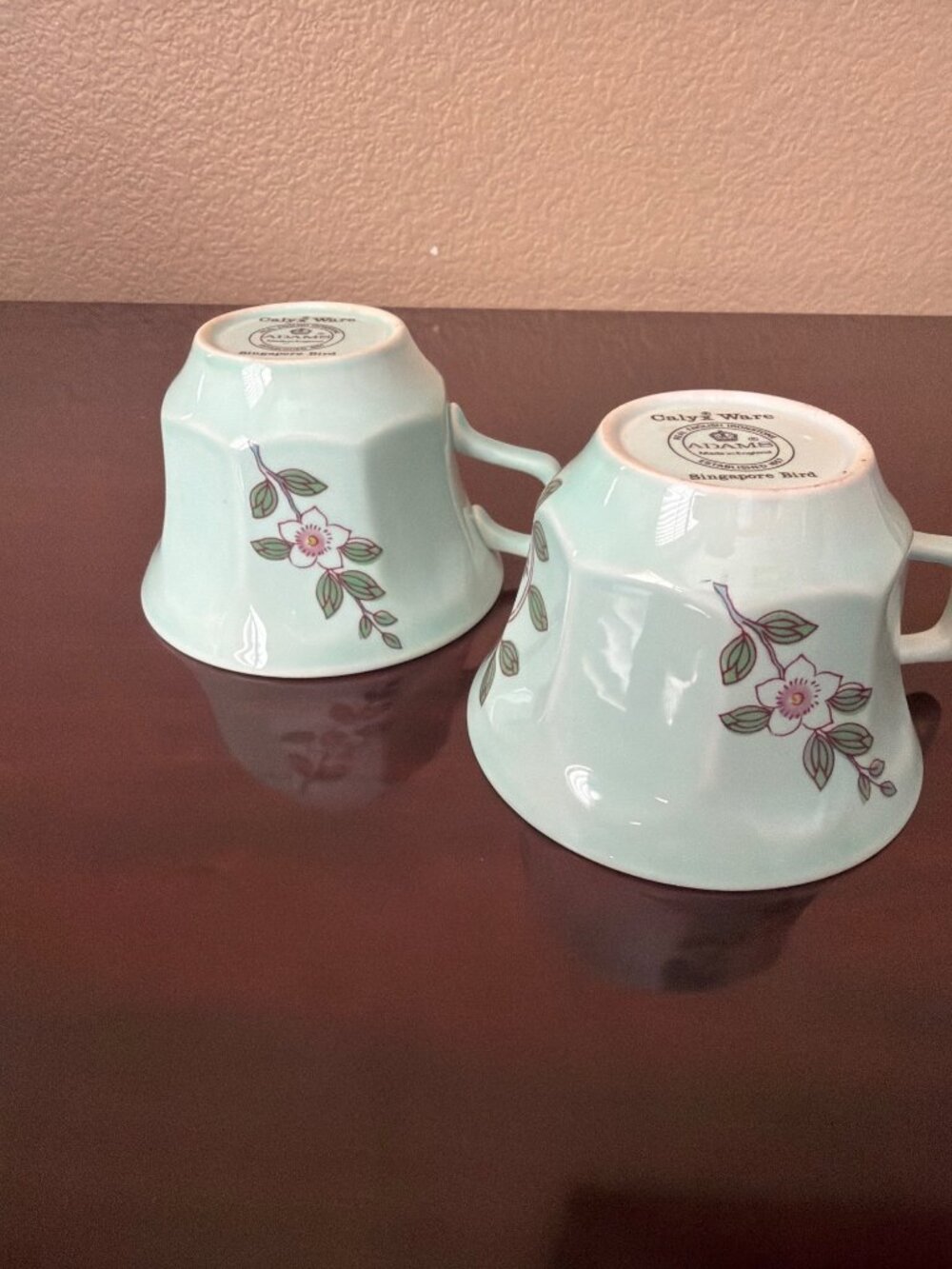 Vintage Adams Calyx Ware Singapore Bird Ironstone Teacups Aqua England Set of 2 - Picture 9 of 12